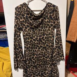 Leopard Print Long Sleeve Cowl Neck Mini Dress